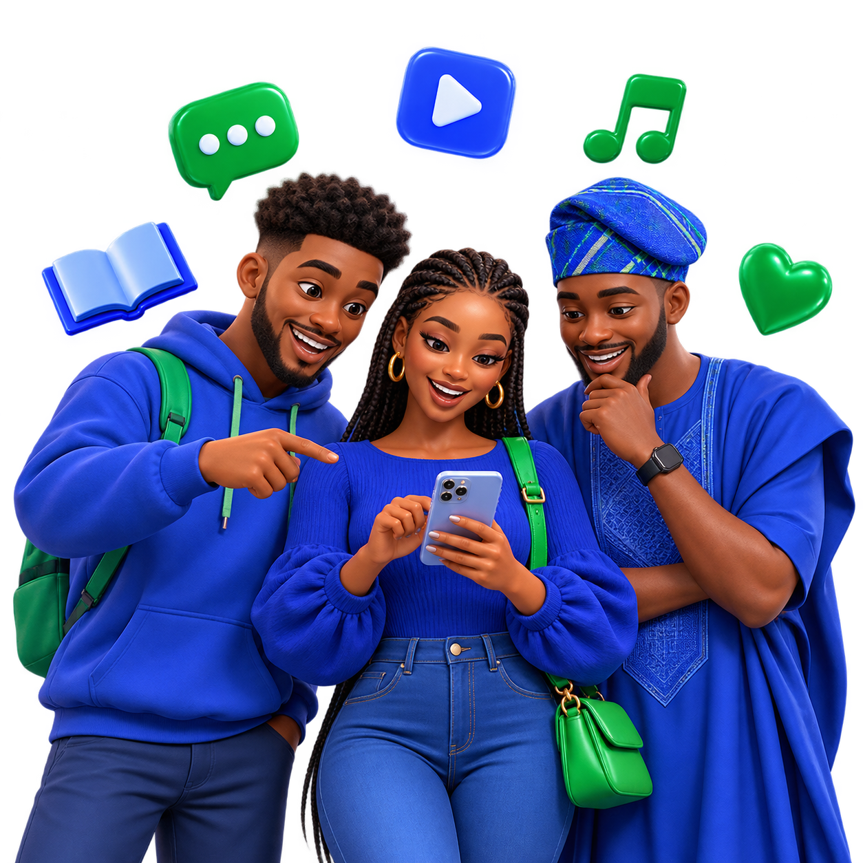 Three friends exploring social, music, video and learning features together on Wazobia